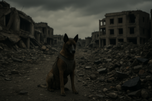 Cane militare Belgian Malinois in un paesaggio distrutto, utilizzato per operazioni militari nei territori palestinesi.